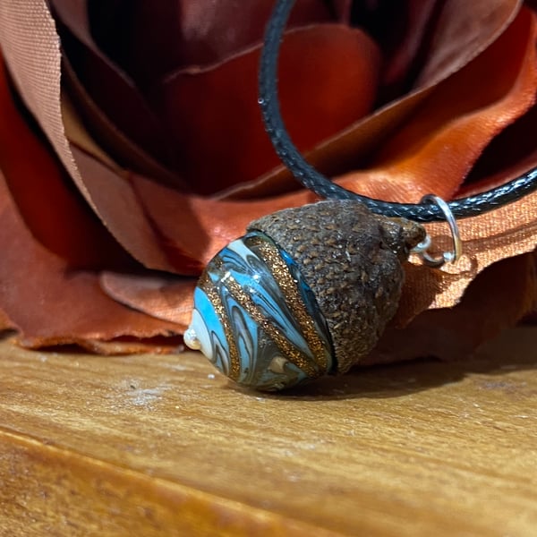 From Tiny Acorns - Pale Blue and Copper Glass Acorn Pendant