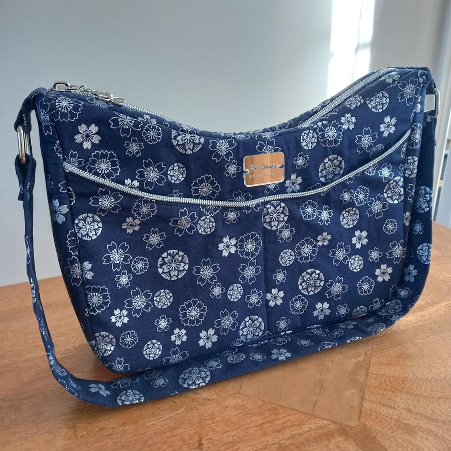 Navy and Silver metallic fabric Shoulder Bag