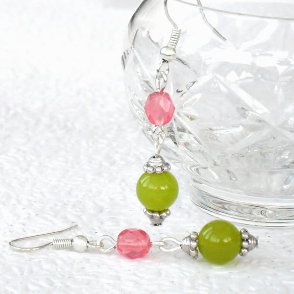 Peridot green jade and crystal handmade earrings