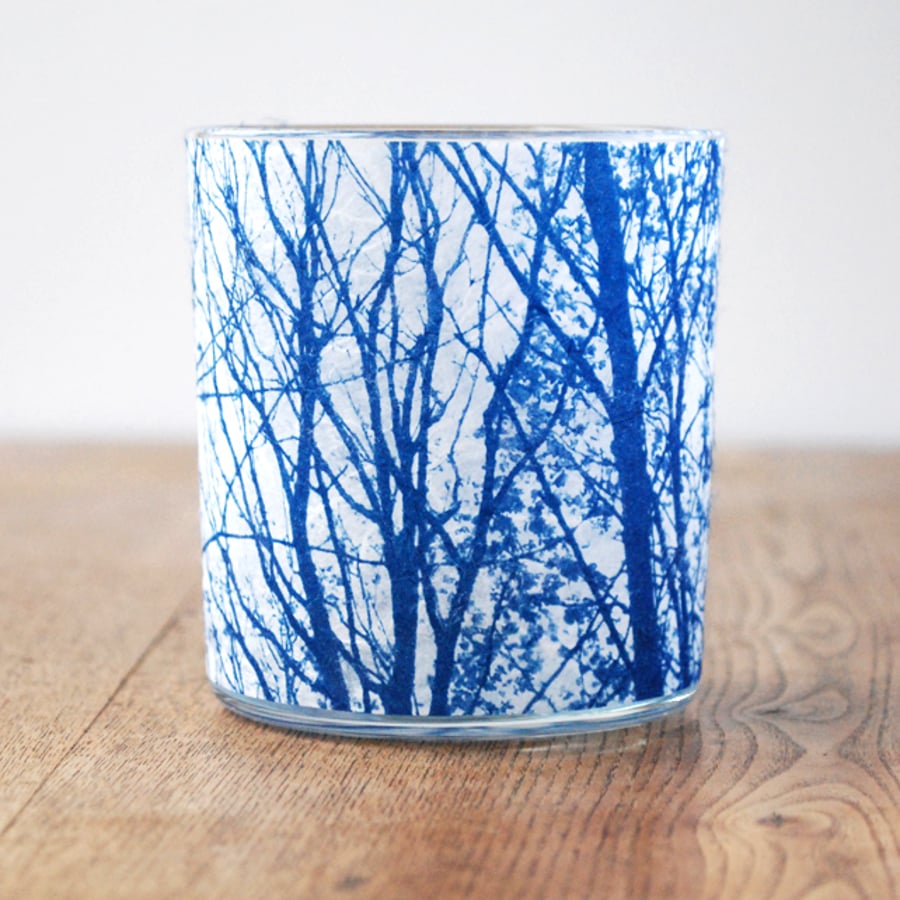 Delicate Leafy Tree Branches Cyanotype candle holder blue & white
