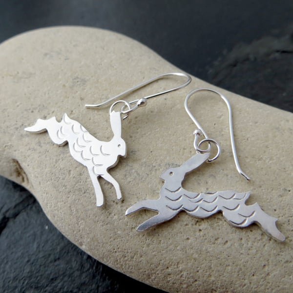 Solid silver hare earrings, Gift for wildlife lover