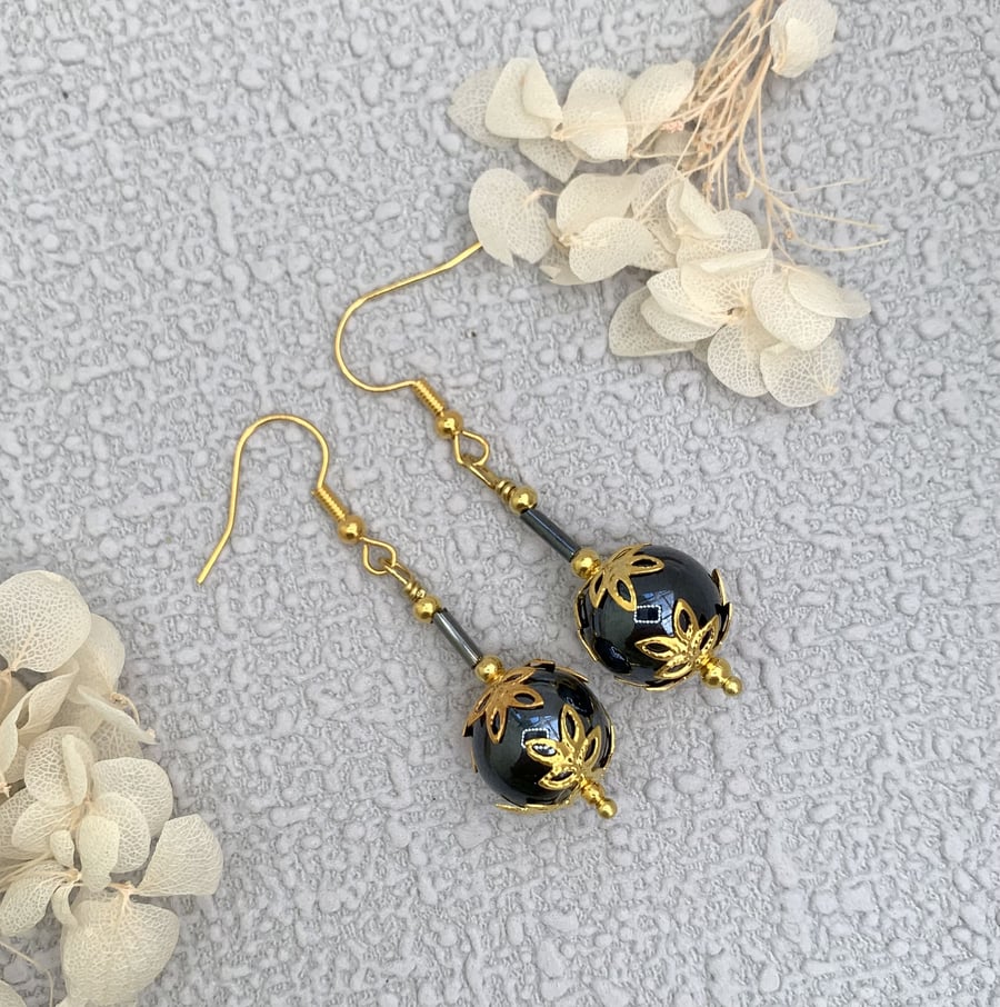 Porcelain Bead Black and Gold Drop Earrings