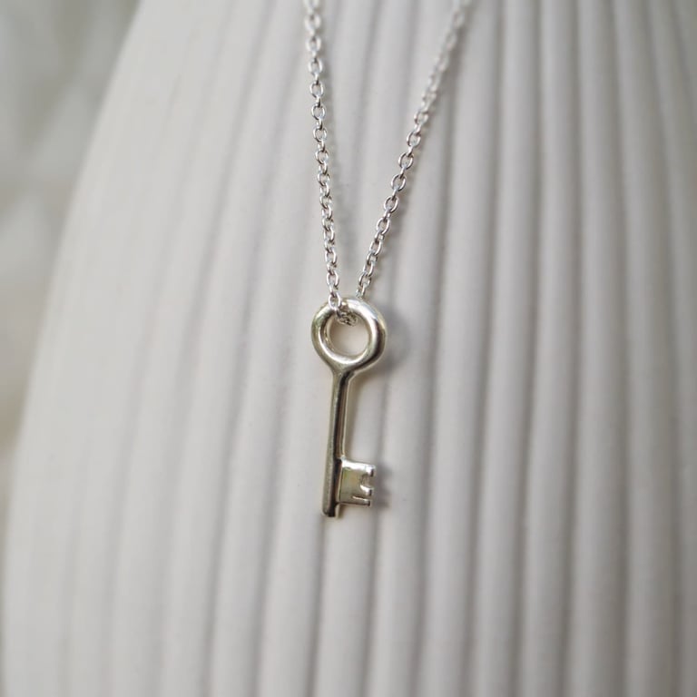 Solid silver small and dainty key charm pendant and chain