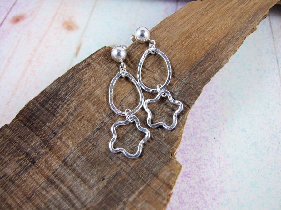 Earrings, Sterling Silver, Hammered Open Wire Star and Teardrop