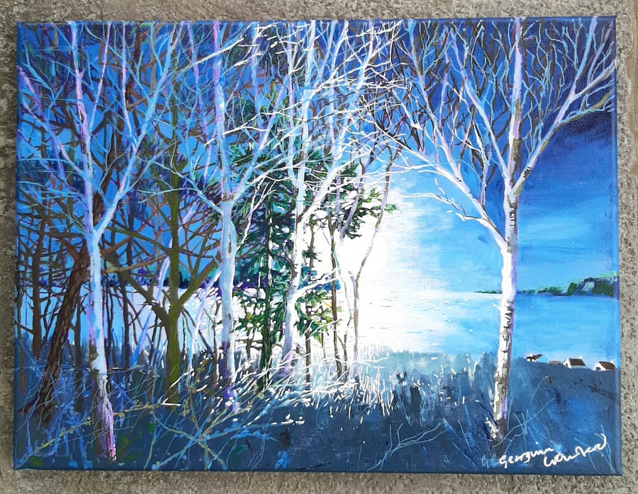 Landscape Painting. Moonlight. Unique Gift Ready to Hang. Free Postage