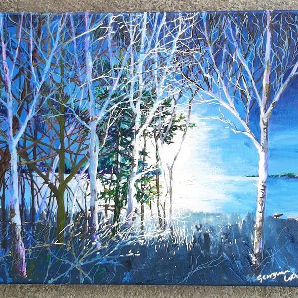 Landscape Painting. Moonlight. Unique Gift Ready to Hang. Free Postage