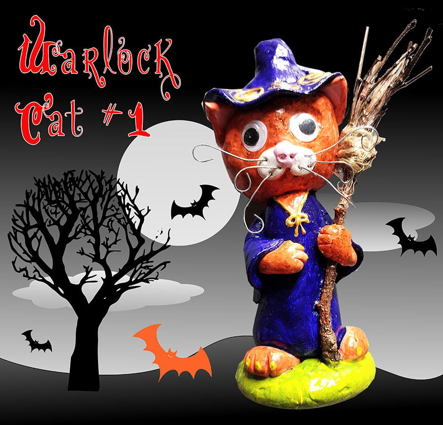 Smudge the Warlock  - Witch, cat ornament, figurine of Halloween character