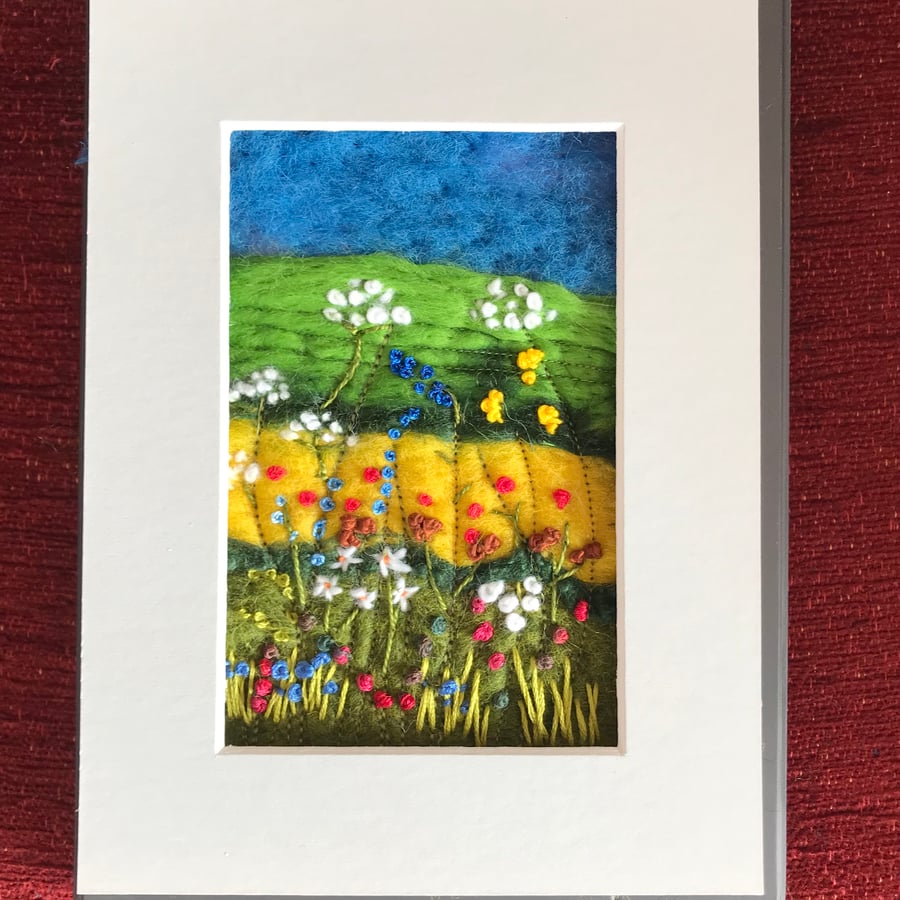 Needle felted-picture-brightly coloured-landscape-hand embroidered-countryside 