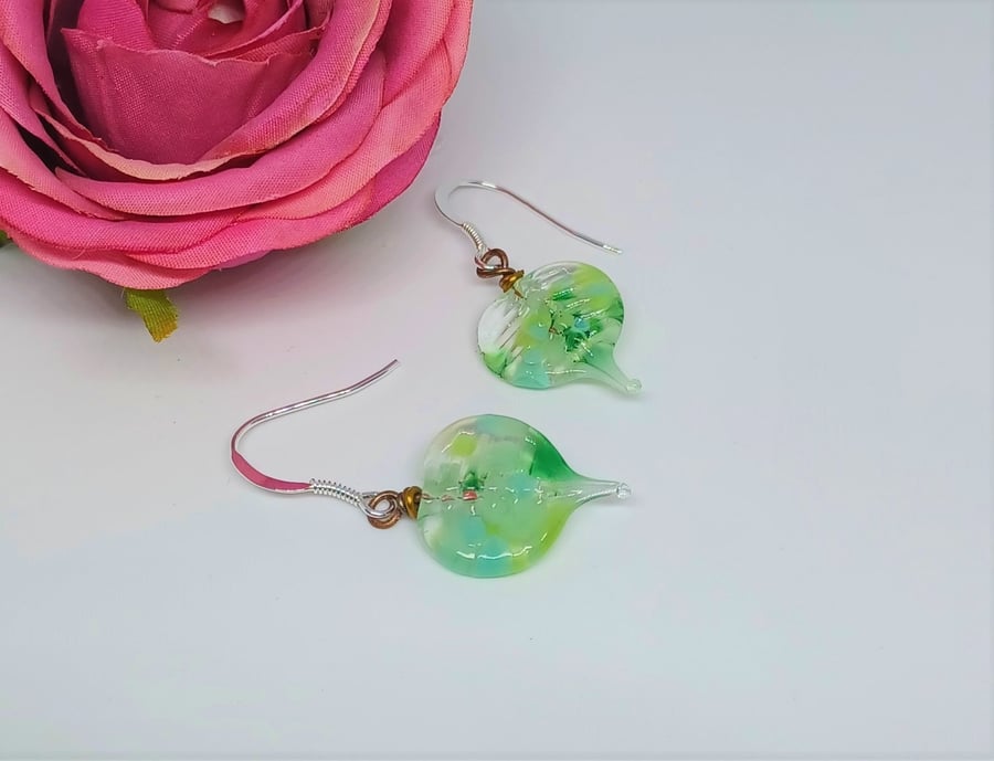 Lampwork Glass Leaf Earrings, Glass Earrings, Green Leaf Earrings, Glass Jewelle