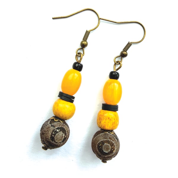 Yellow Brown and Black Beaded Boho Style Drop Dangle Earrings