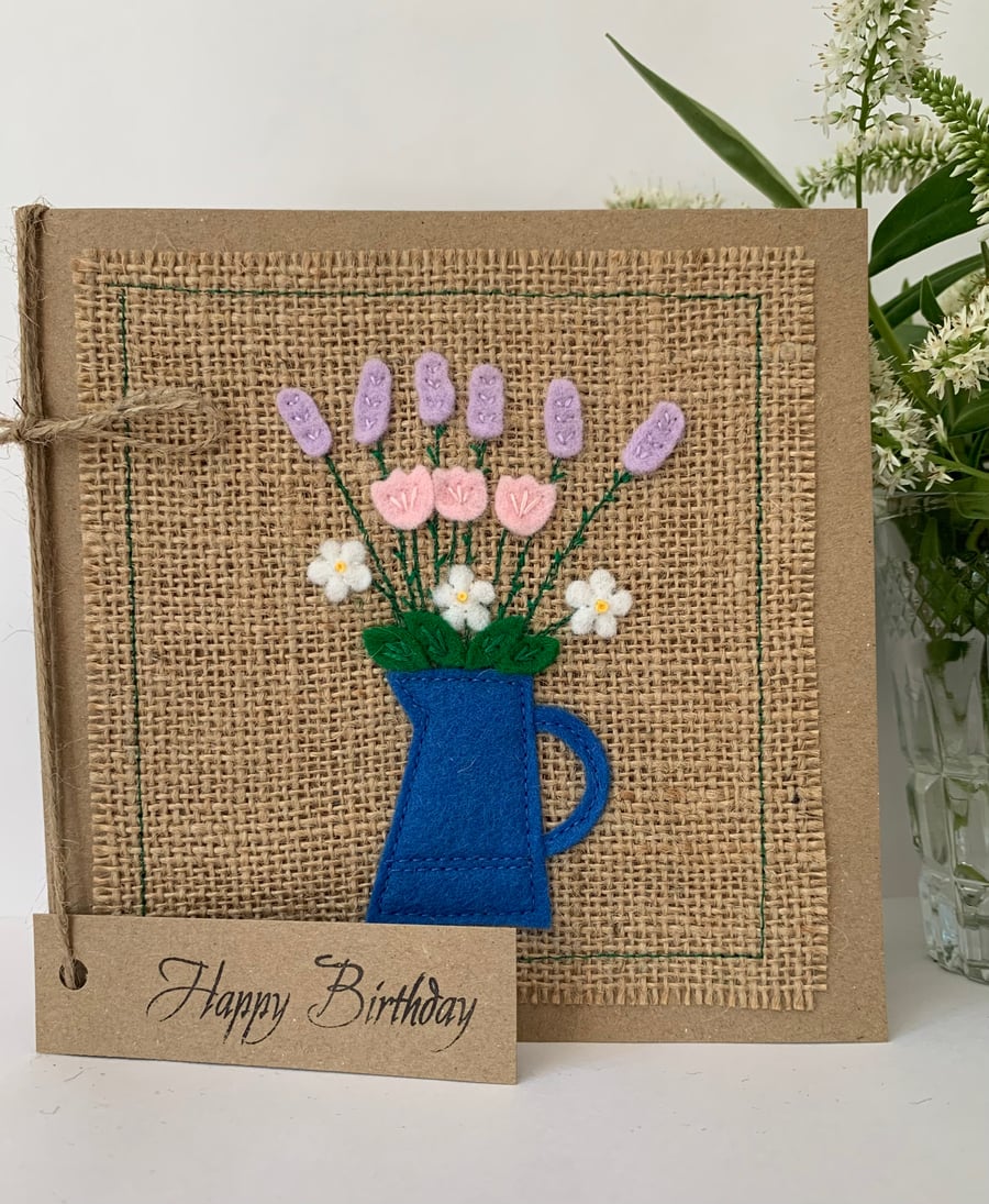 Handmade Birthday Card. Pastel flowers from wool felt. Keepsake card.