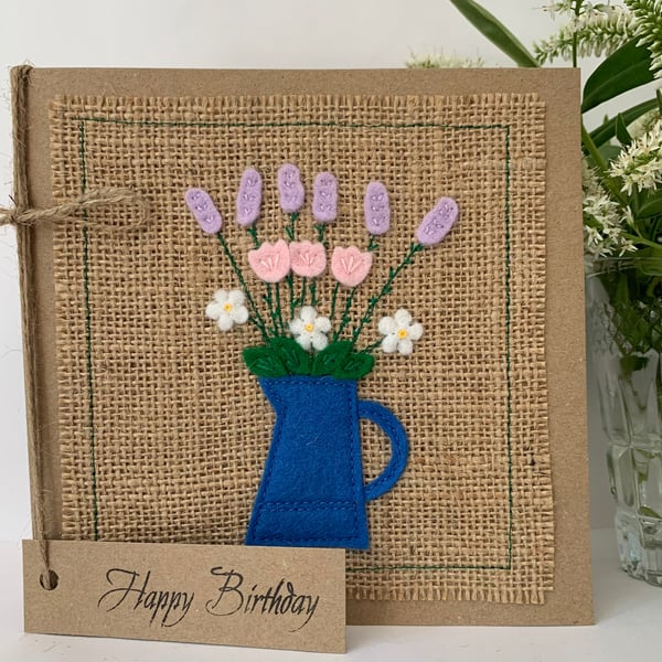 Handmade Birthday Card. Pastel flowers from wool felt. Keepsake card.