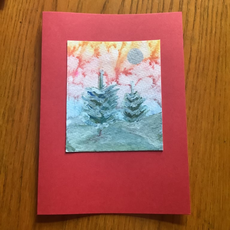Hand painted Yule Christmas Card 'Crazy Sky and Trees'