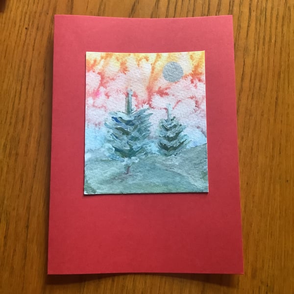 Hand painted Yule Christmas Card 'Crazy Sky and Trees'