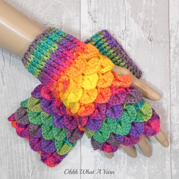 Bright rainbow dragon scale gloves. Fingerless gloves. Texting mitts.