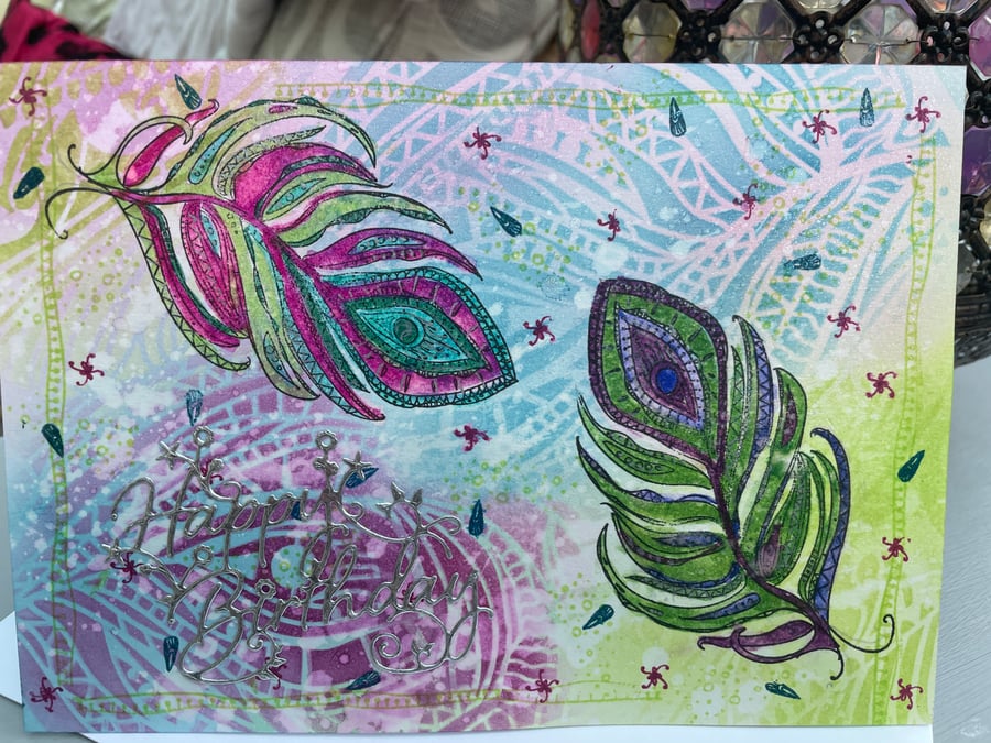 Peacock feather hand coloured happy birthday card