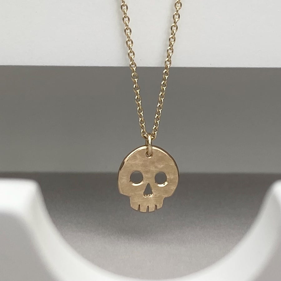 Handmade dainty 9ct yellow, rose or white gold skull charm pendant and chain