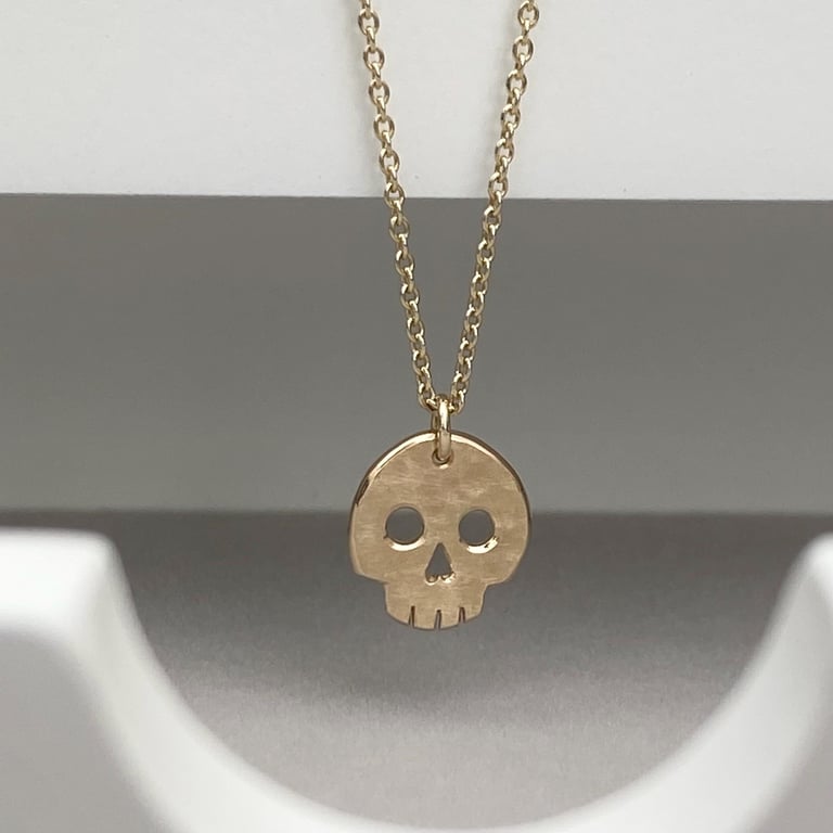 Handmade dainty 9ct yellow, rose or white gold skull charm pendant and chain
