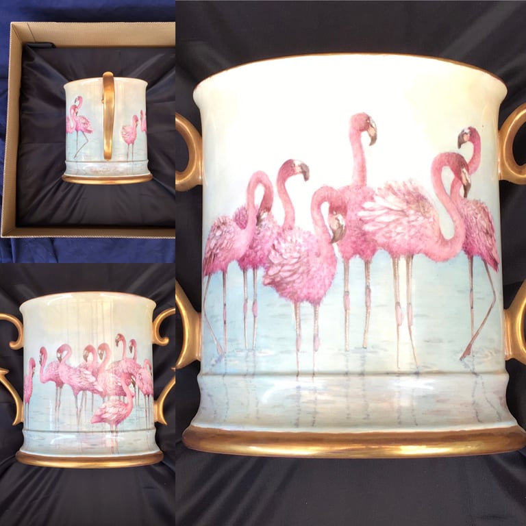 Pink Flamingos . Handpainted Bone Chis Large Loving Cup