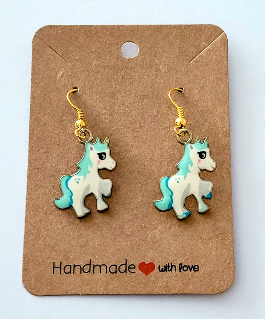 Turquoise Unicorn Charm Dangle Earrings on Gold Plated Earring Hooks