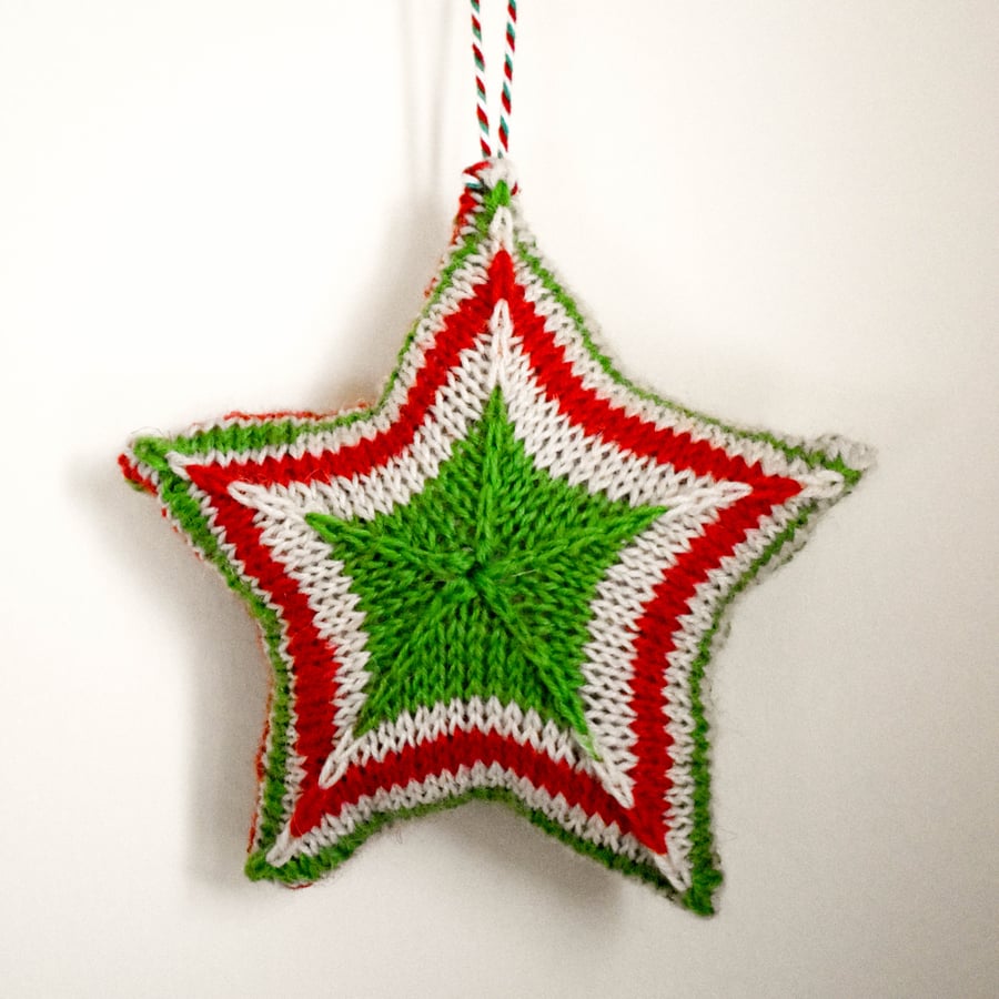 Hand knitted star - Christmas Decorations - red green and white - Large