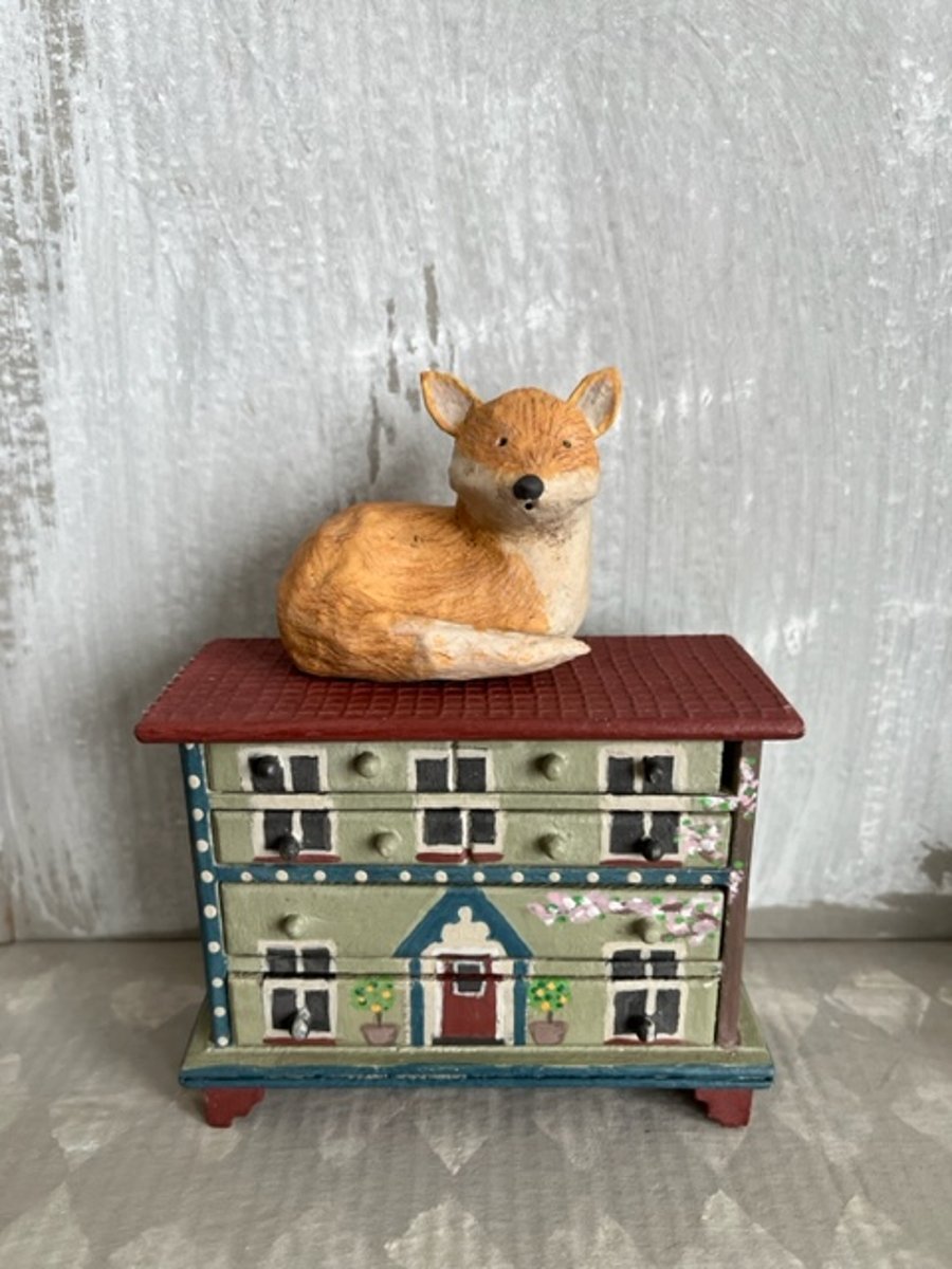 1:12 scale dolls house folk art drawers with paper mache fox