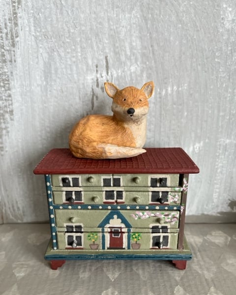 1:12 scale dolls house folk art drawers with paper mache fox