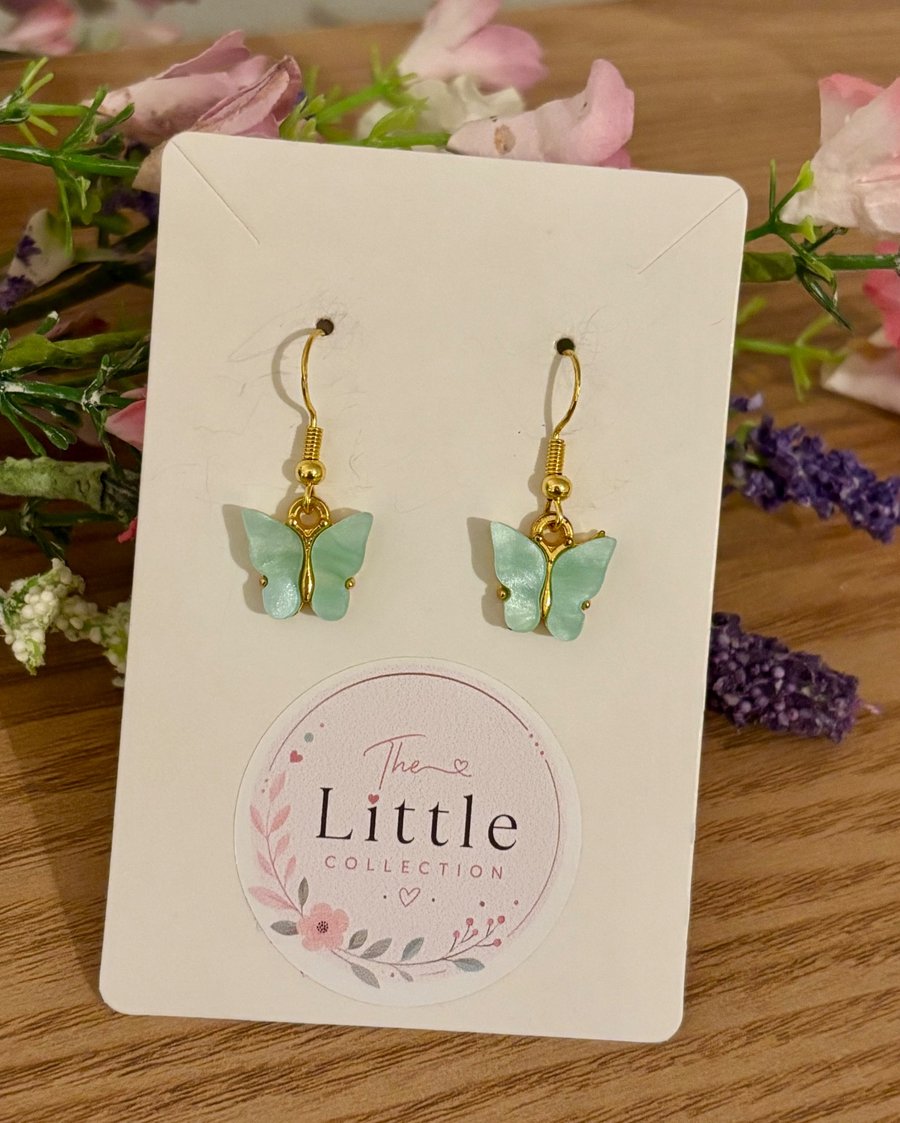 Mint Butterfly Dangle Earrings, Acrylic Butterfly Charms, Handmade Jewellery 