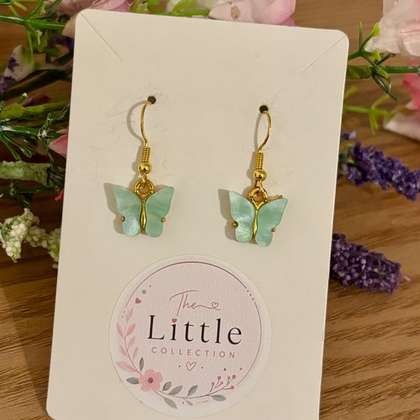Mint Butterfly Dangle Earrings, Acrylic Butterfly Charms, Handmade Jewellery 