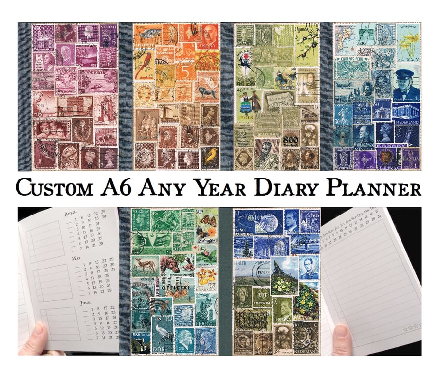 Any Year Diary, Book or Travel Journal, Index Notebook, upcycled postage stamps