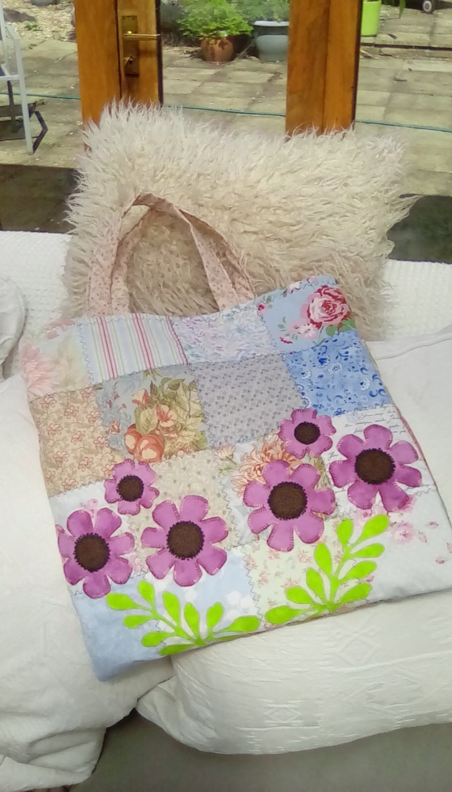 Hand finished and embroidered appliqued PATCHWORK CHIC tote bag