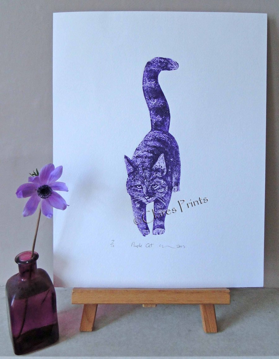 Purple Cat Limited Edition Animal Collagraph Print