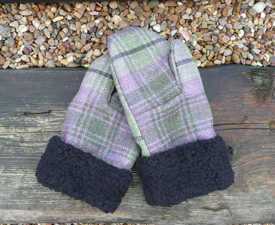 Ladies mittens green purple british wool tweed faux sheepskin sherpa fleece 