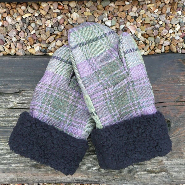 Ladies mittens green purple british wool tweed faux sheepskin sherpa fleece 
