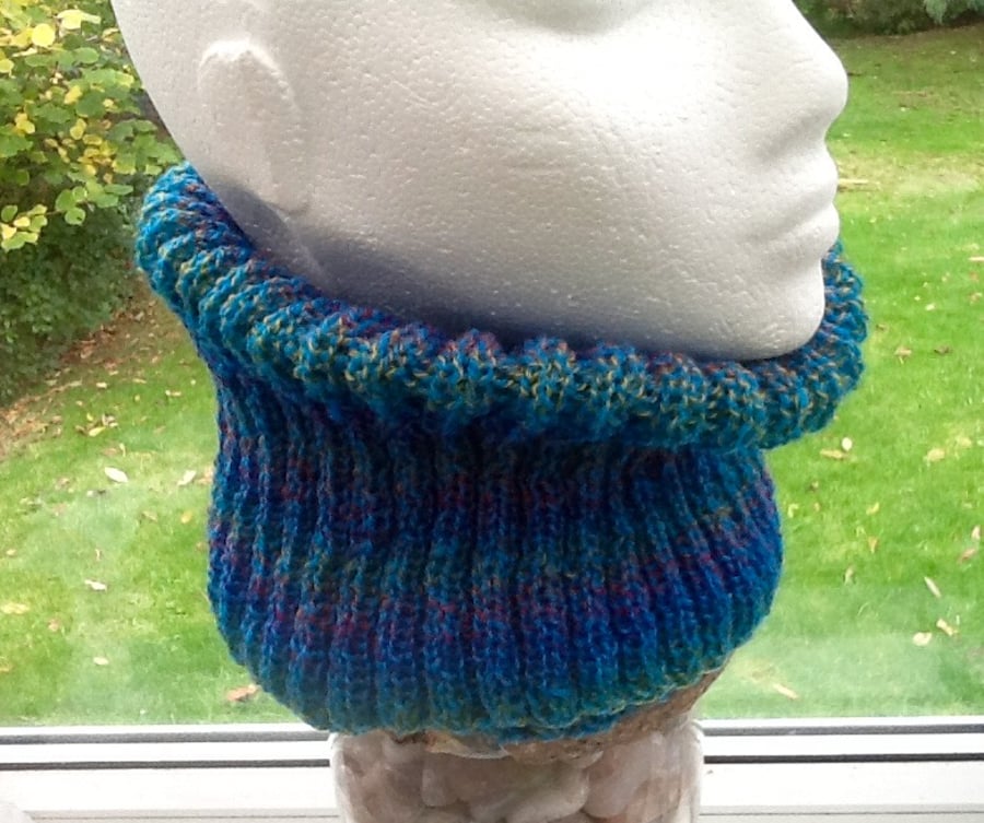 Turquoise Rainbow Wide Rib Knitted Neck Cosy in Denys Brunton Designer Yarn.