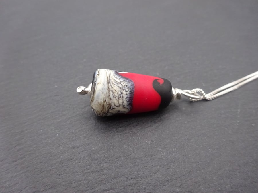lampwork glass pendant necklace, sterling silver chain jewellery, red and black