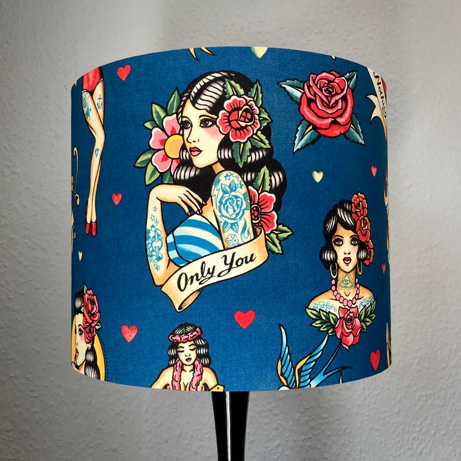 Seconds -  Large 30cm Diameter Pin-Up Girl Tattoo Flash Lampshade, Blue