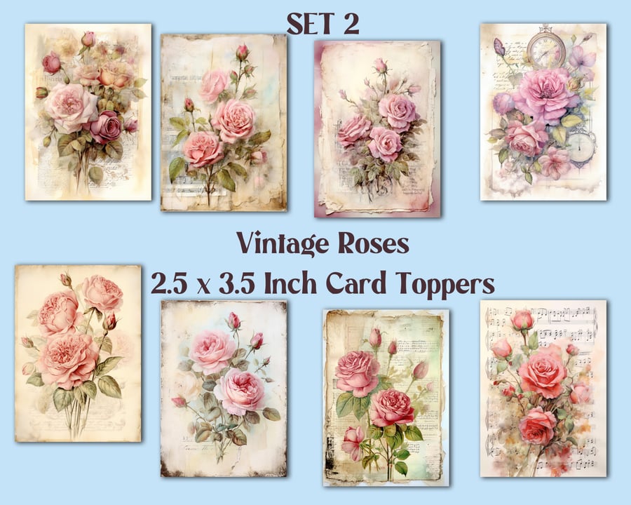 Vintage Roses Set of 8 Aceo Size Card Toppers for Card Making & Journals etc