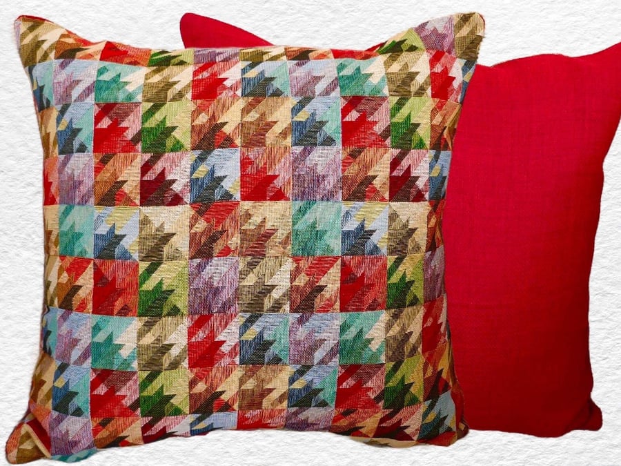 Cushion Cover: Tapestry Squares design Red reverse 17” (43cm)