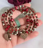 Deep red handmade Czech glass memory wire wrap bracelet with leaf charms - Image 3