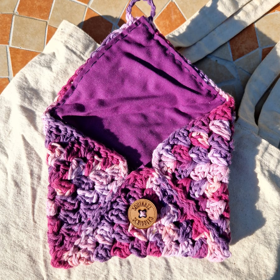 Purple cotton lined pouch, Small crochet hand stitched pouch, Christmas gift