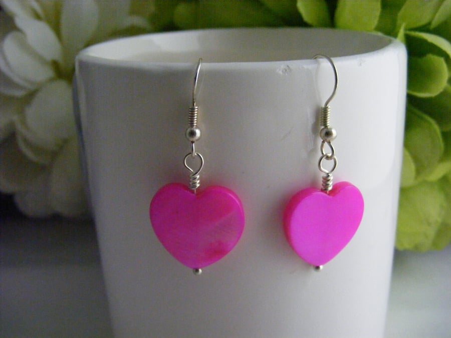 Hot Pink Shell Heart Earrings.