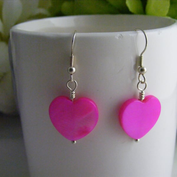 Hot Pink Shell Heart Earrings.