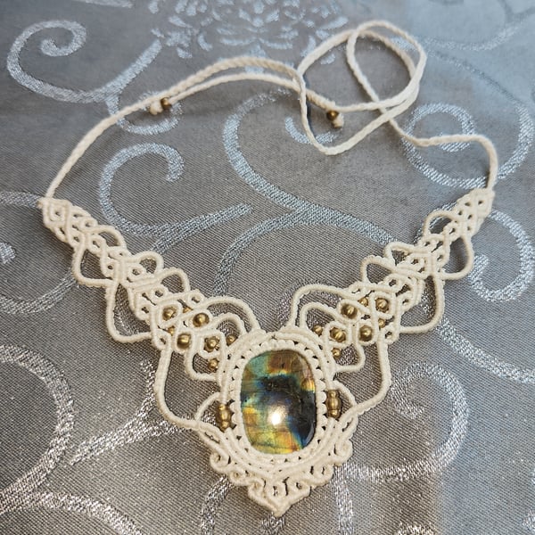 White Macrame Necklace with Brass and Laboradite