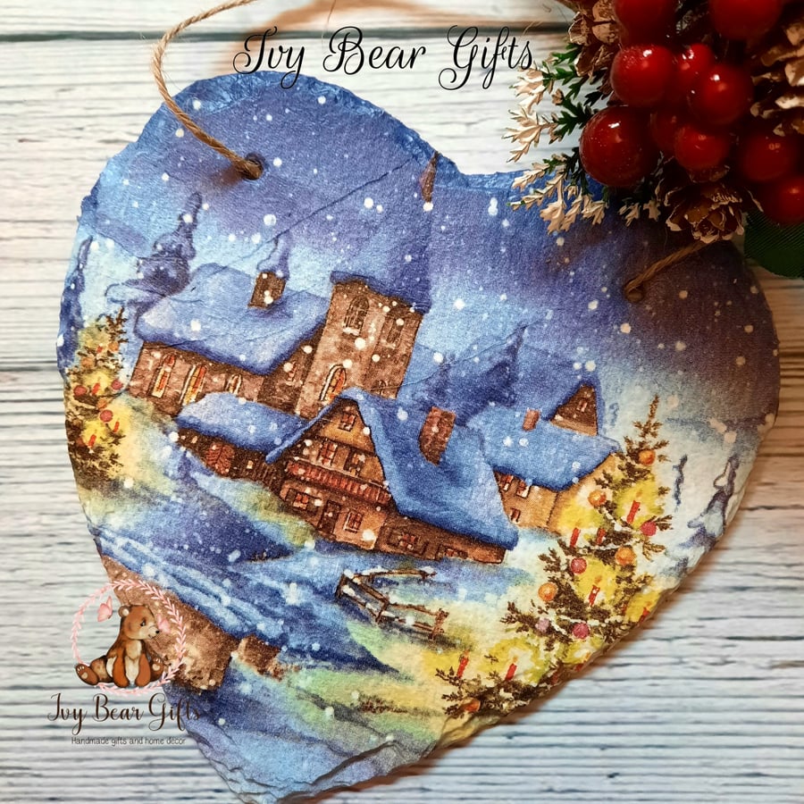 Christmas village scene slate heart decoration