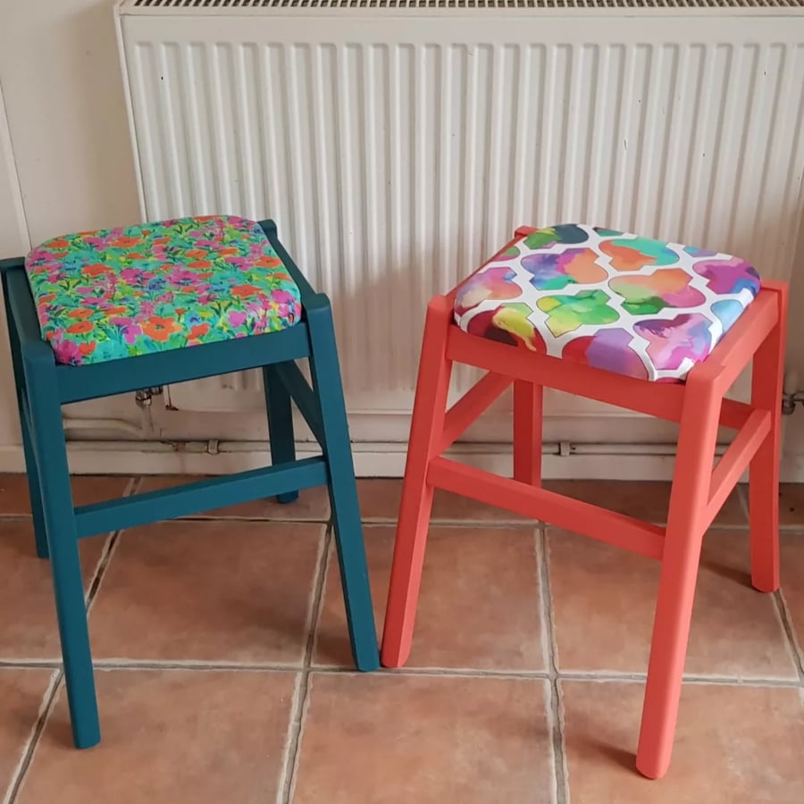 Kitchen or patio hand painted colourful and flowery stools