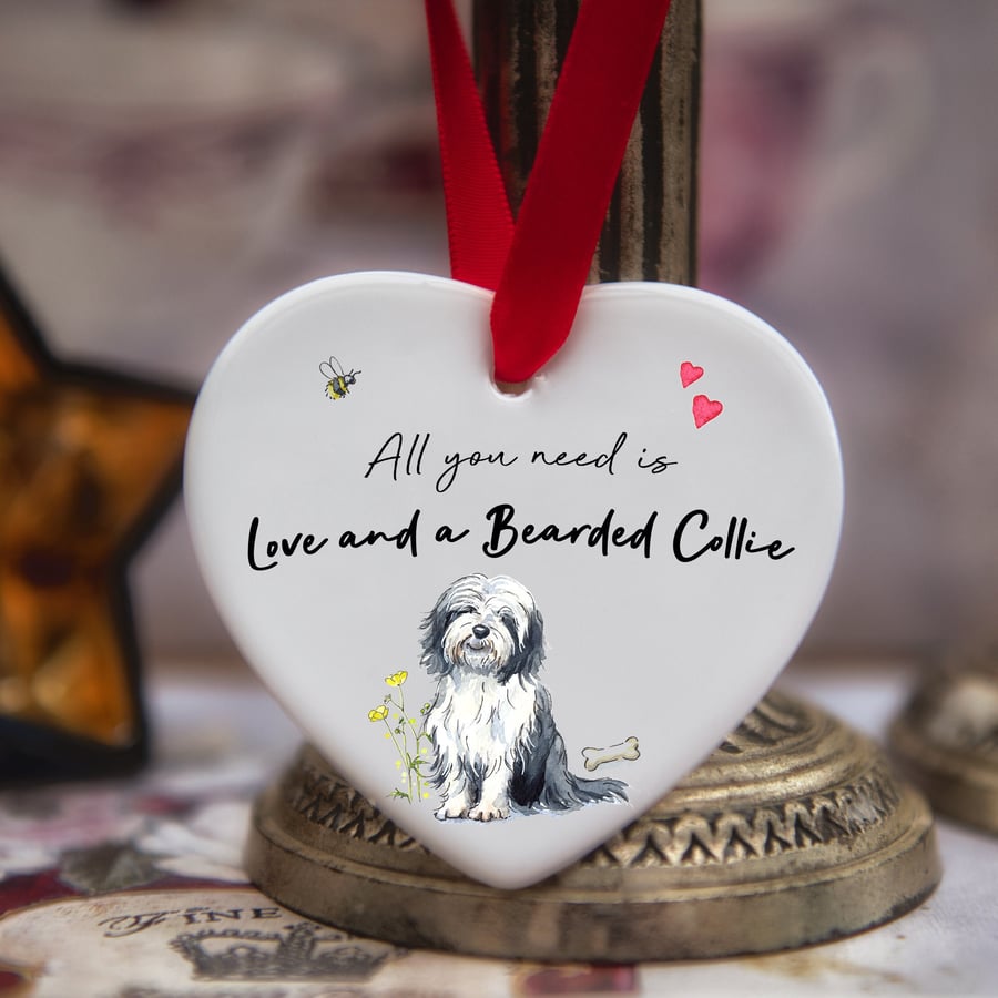 Love and a Bearded Collie Ceramic Heart