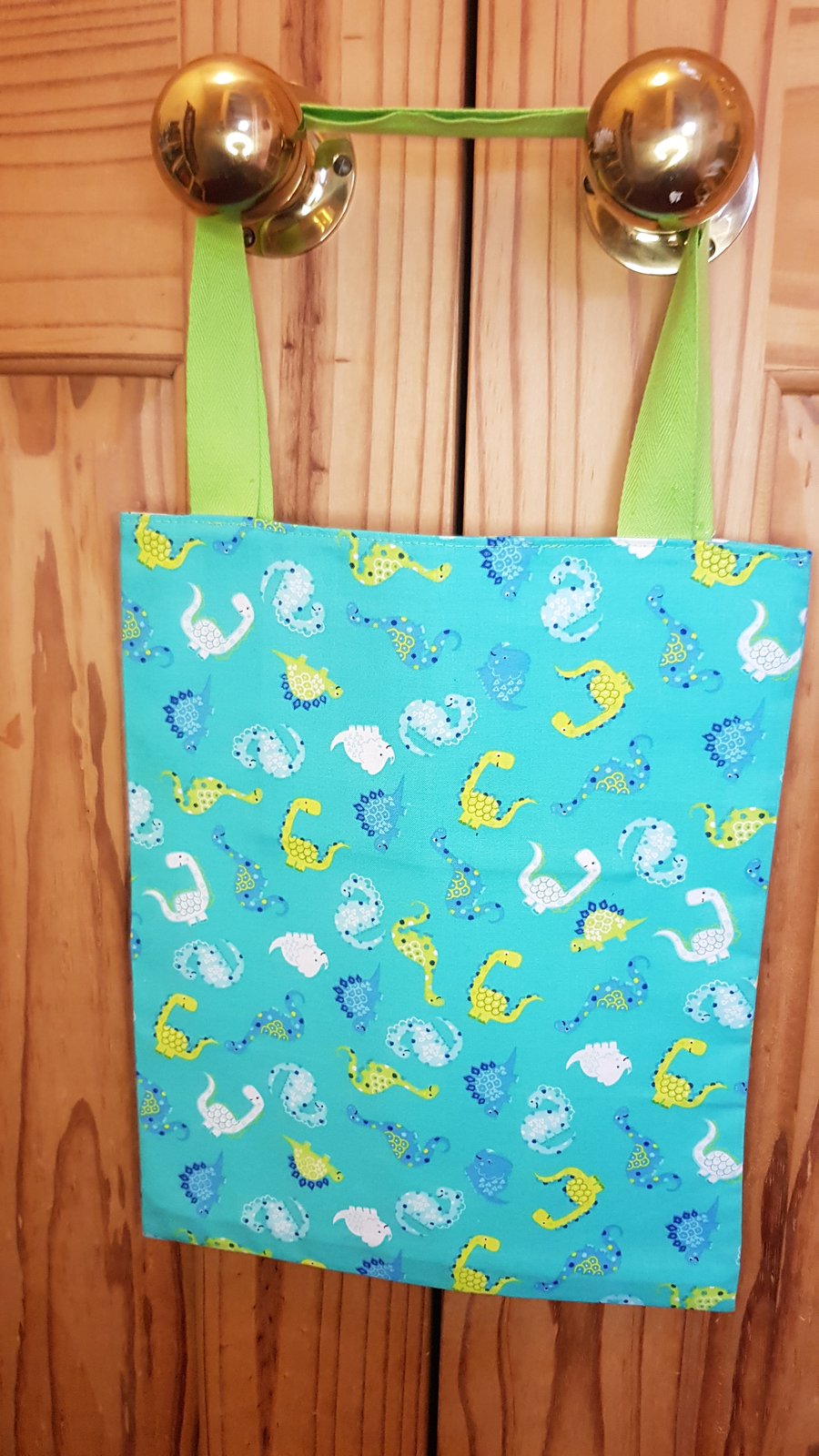 Child's tote bag: dinos on turquoise 