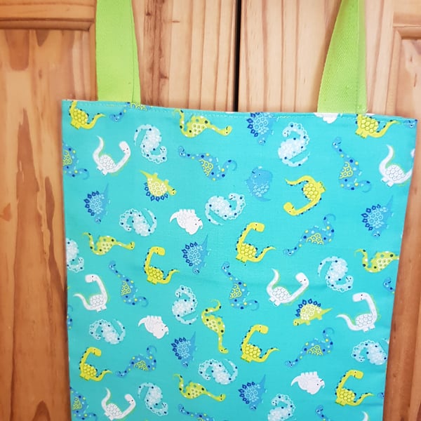 Child's tote bag: dinos on turquoise 