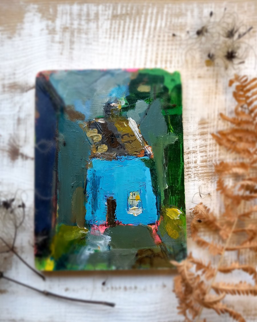 'The blue cottage' small painting on wood